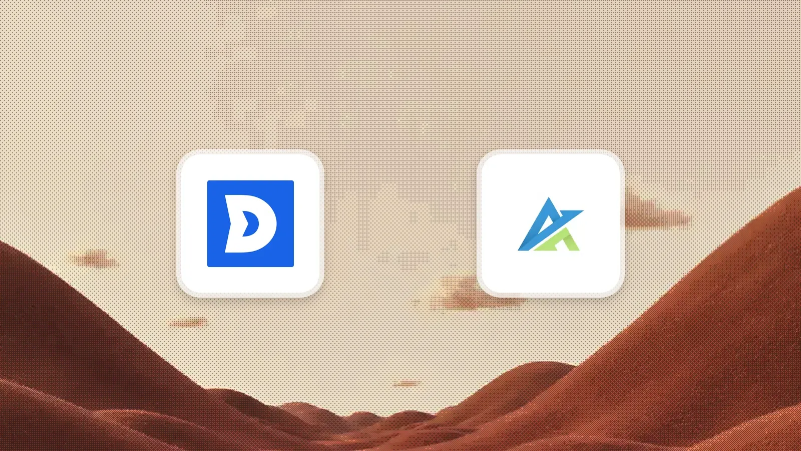 ThriveDesk and Awesome Support logos in translucent white cards over a dithered landscape