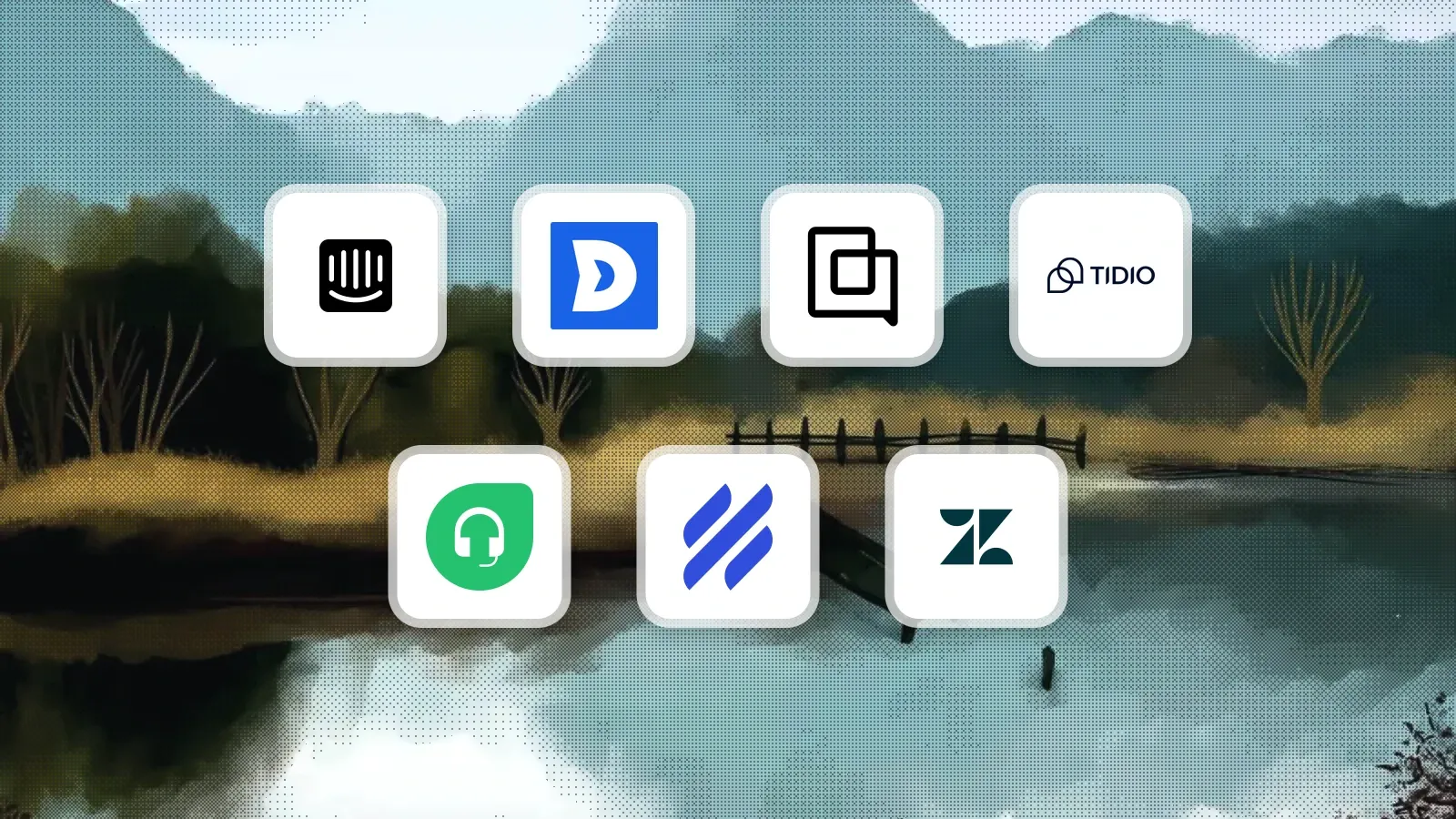 Intercom, ThriveDesk, Gorgias, Tidio, Freshdesk, Help Scout and Zendesk logos on a dithered landscape