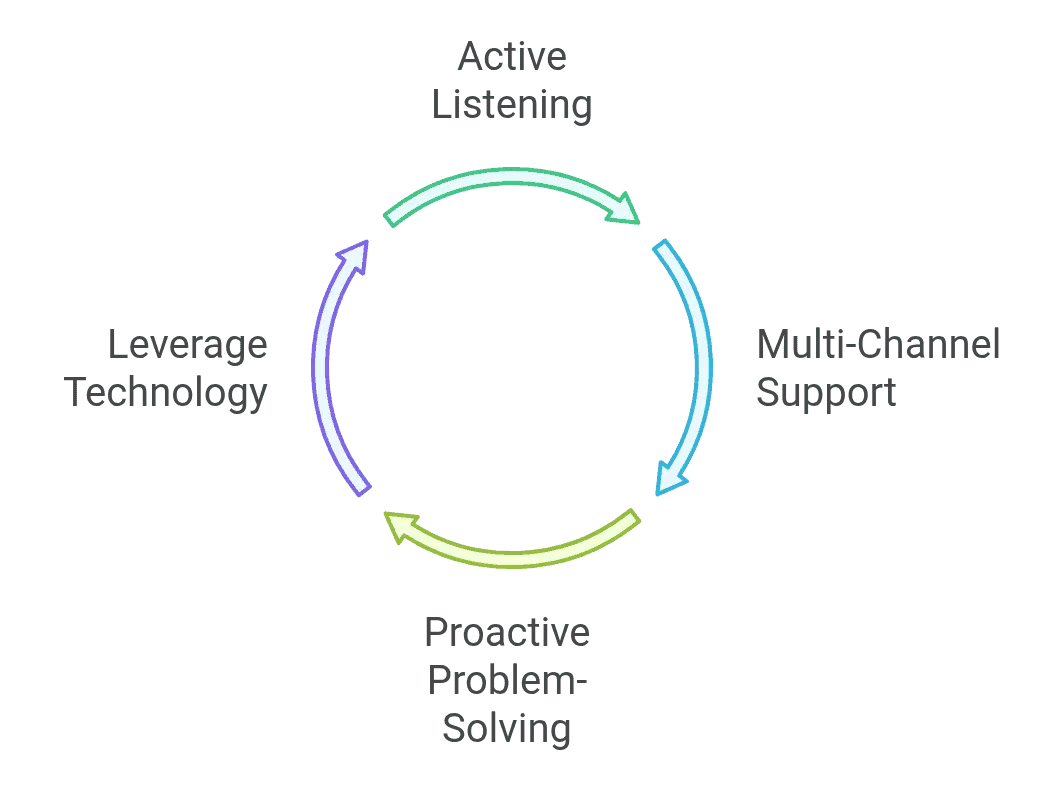 A cycle diagram illustrating ThriveDesk customer engagement strategies, including active listening, multi-channel support, proactive problem-solving, and leveraging technology for seamless customer experiences.