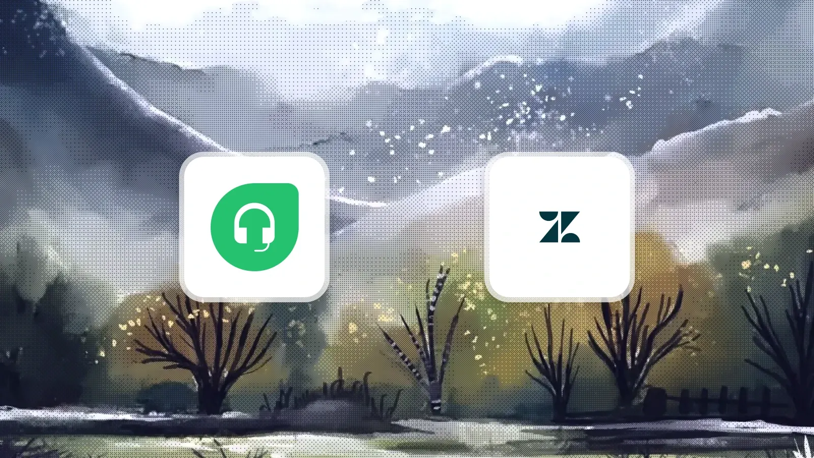 Freshdesk and Zendesk logos in translucent white cards over a dithered landscape