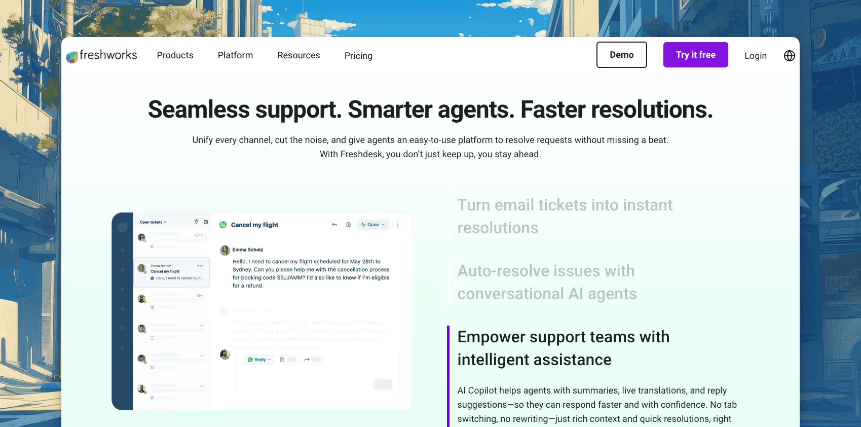 Freshdesk ticket dashboard with assignments and status filters.