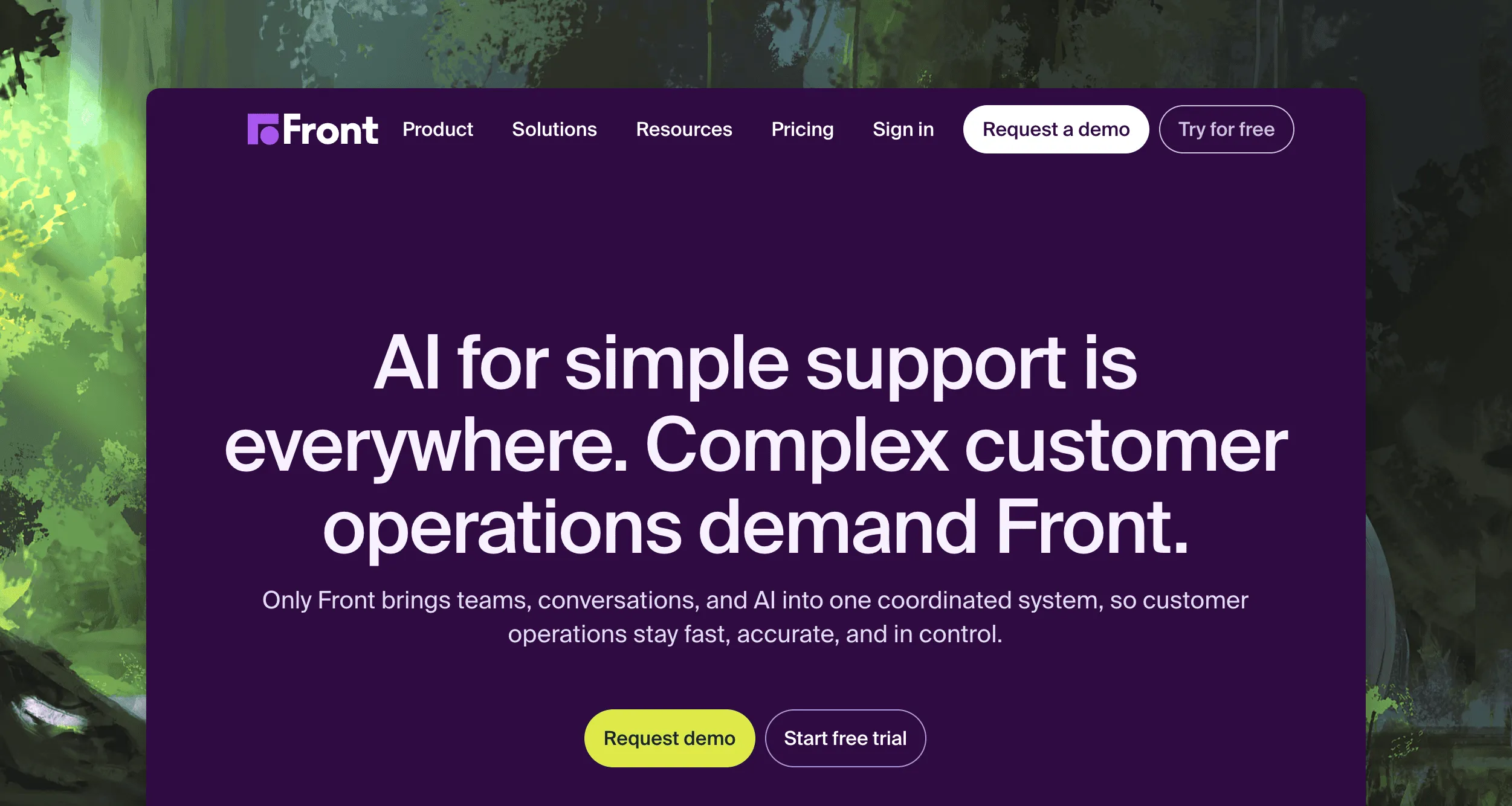 Front customer operations platform homepage showing its AI support positioning.