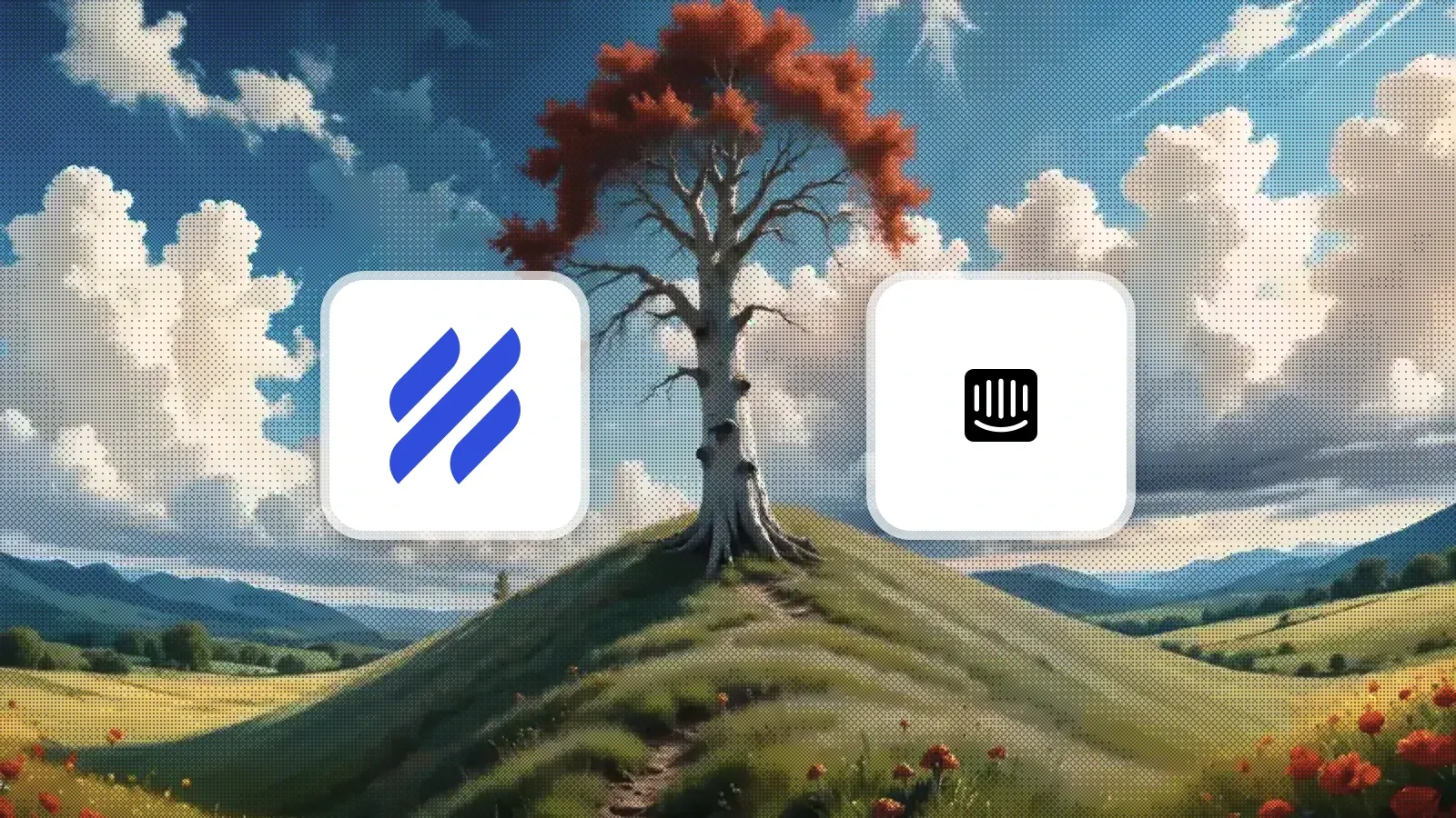 Help Scout and Intercom logos in translucent white cards over a dithered landscape