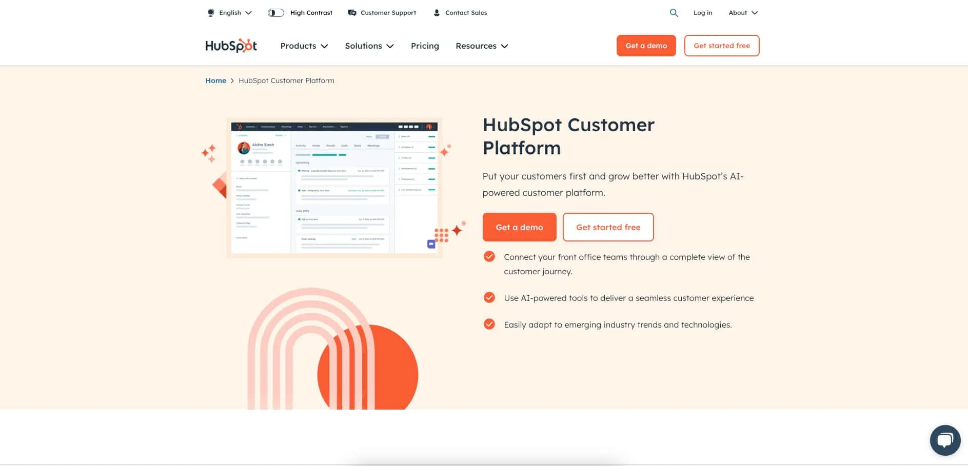 HubSpot customer platform with CRM records and account information.