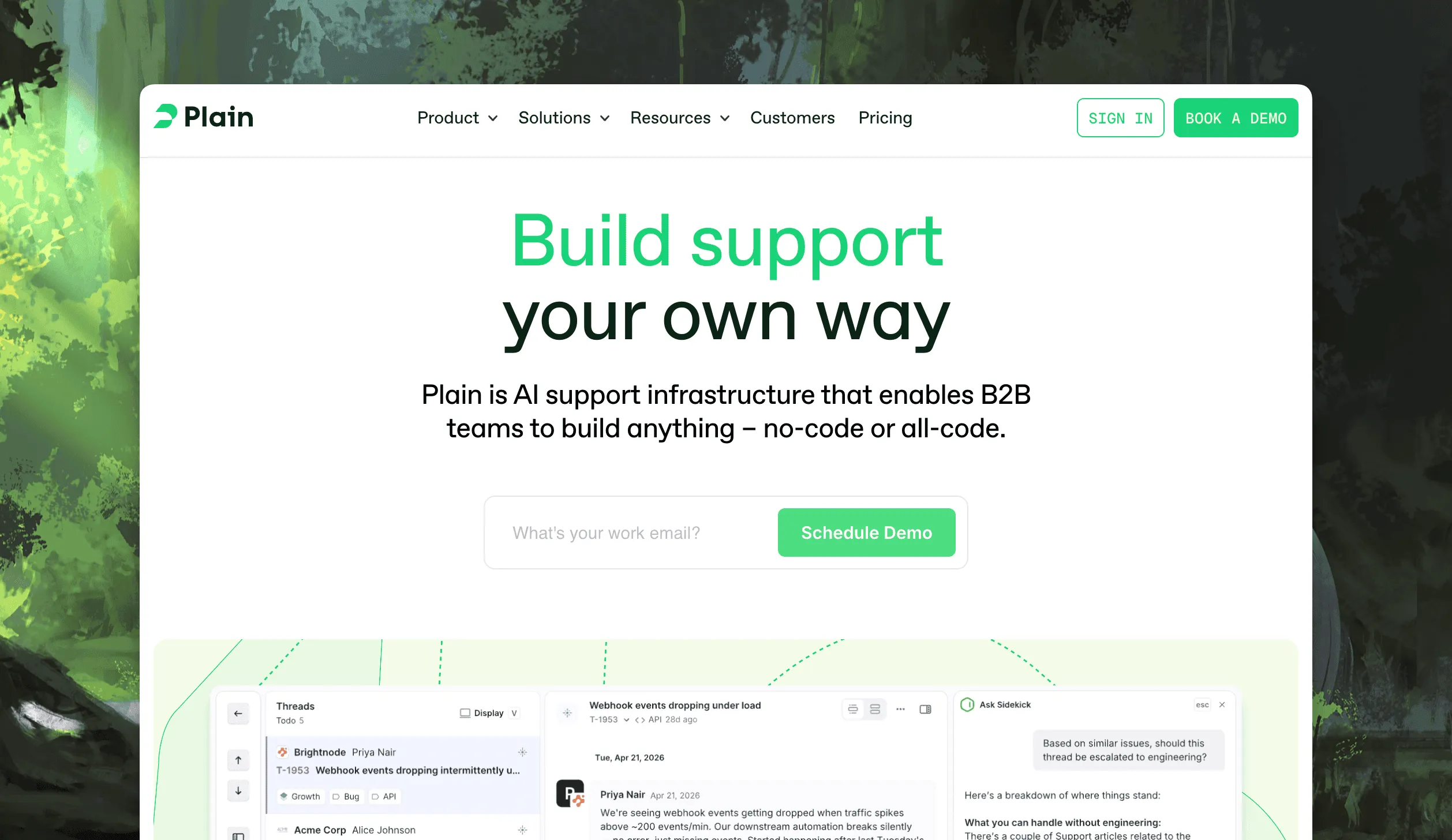 Plain support platform homepage showing its B2B support workspace.