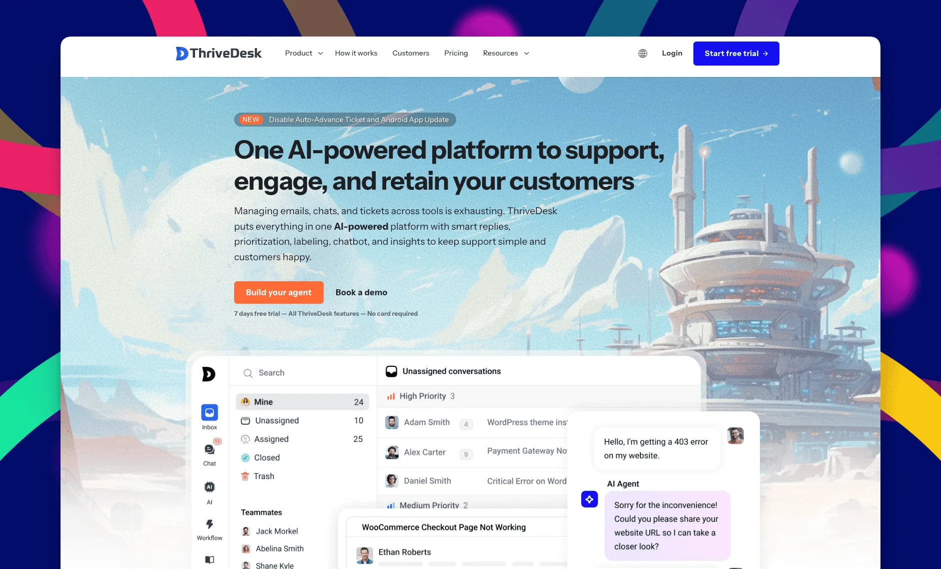 ThriveDesk customer service software homepage with its AI-powered support workspace.