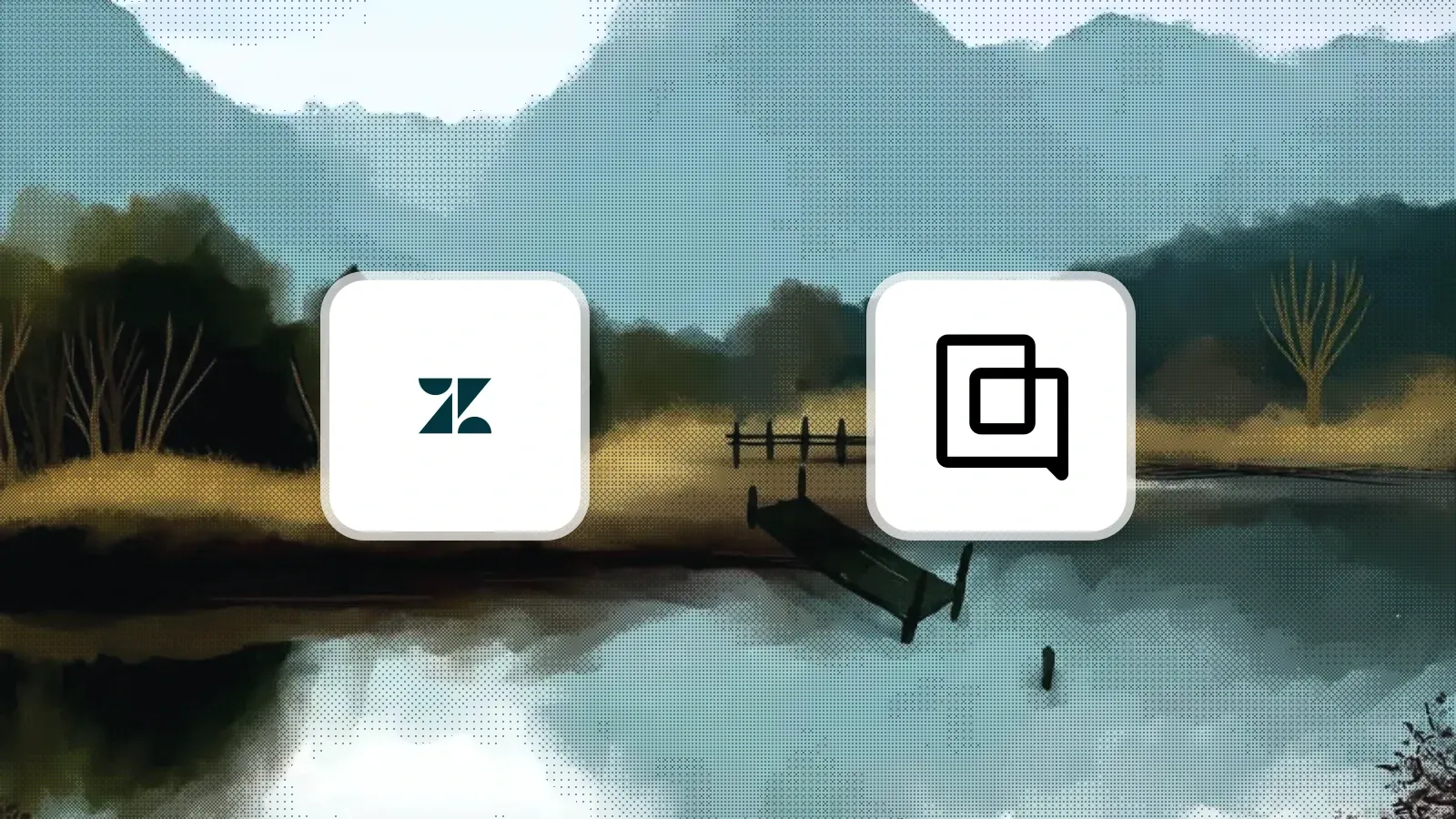 Zendesk and Gorgias logos in translucent white cards over a dithered landscape