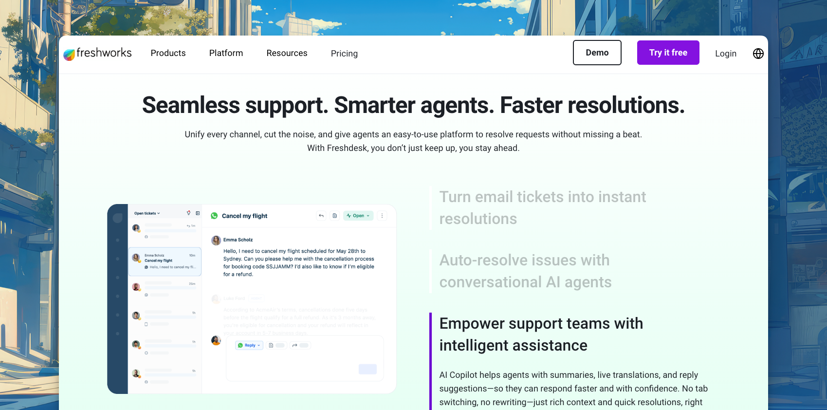 Freshworks customer support software dashboard screenshot for team collaboration and AI-powered support tools.