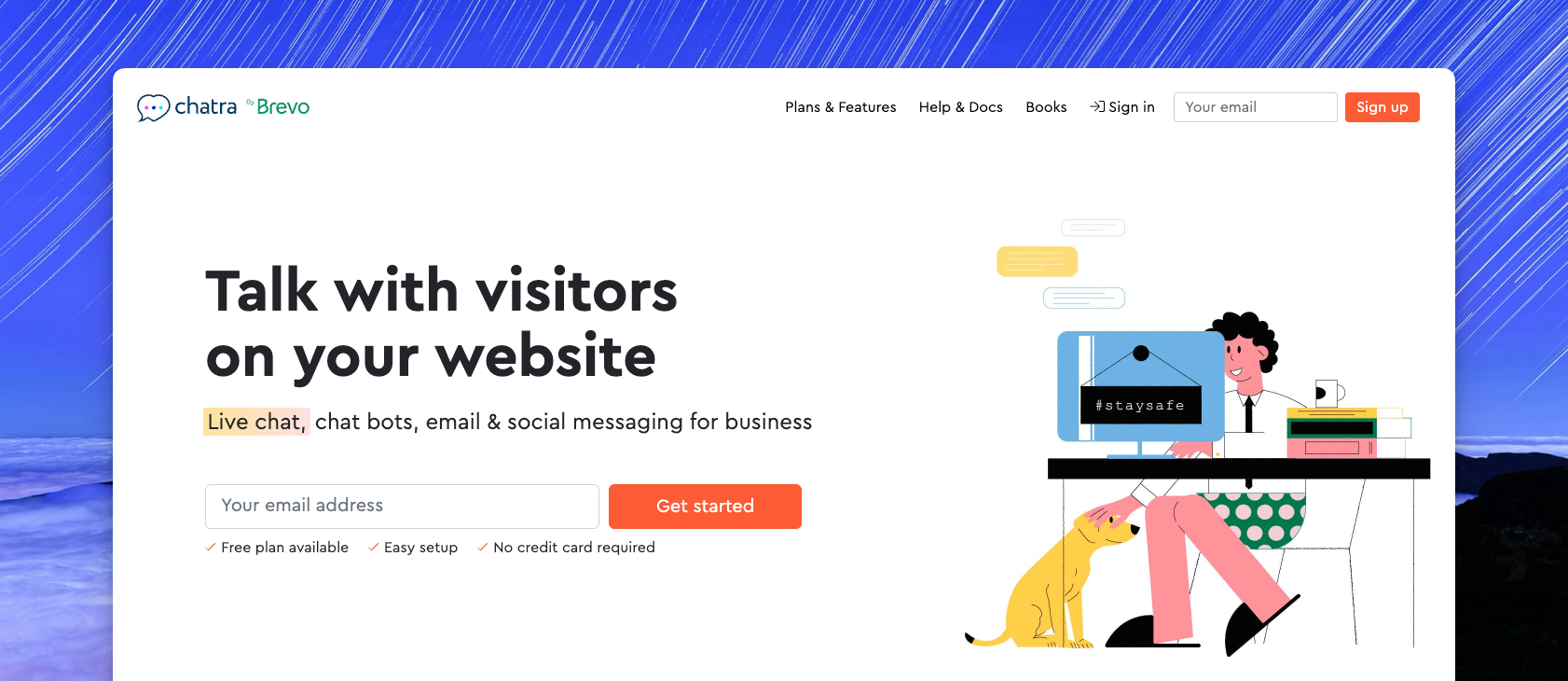 Chatra by Brevo logo and website interface, live chat and messaging platform for customer engagement, with illustrations of interaction and communication tools.