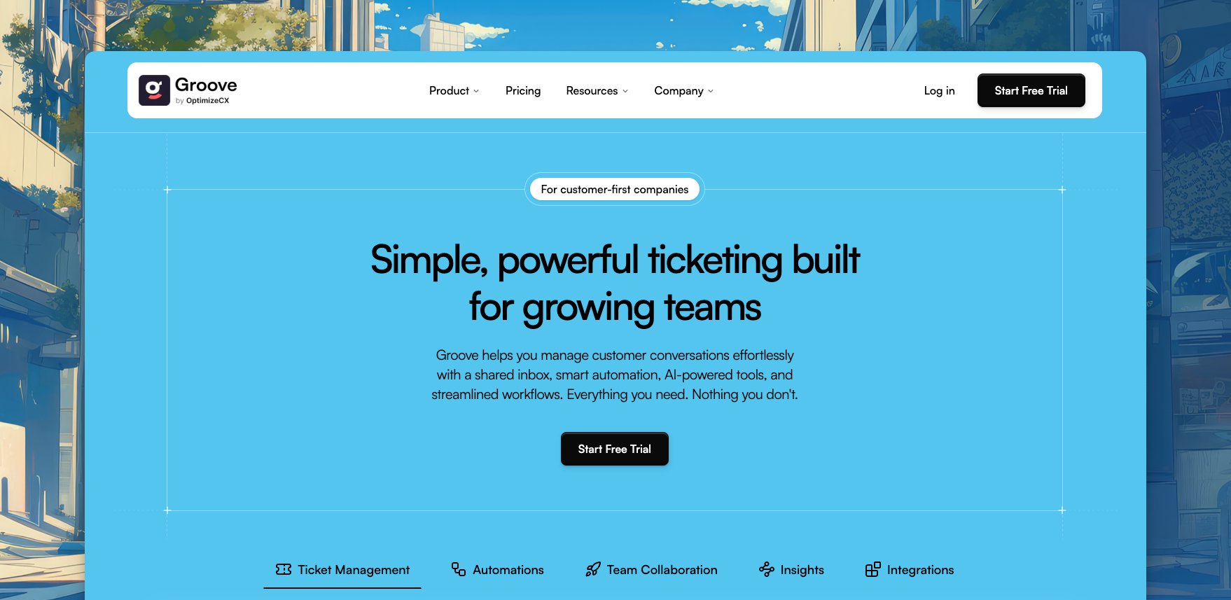 Groove customer service software interface showcasing ticket management, automation, team collaboration, insights, and integrations for seamless customer support solutions.