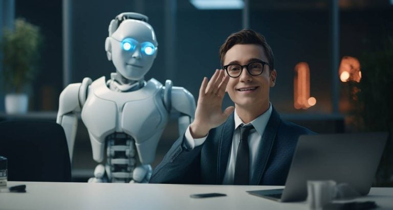 ロボットの前で手を振る男性