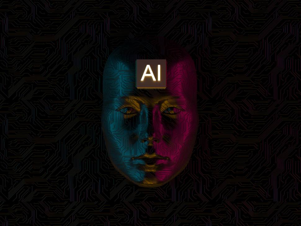 AI-powered face with digital circuitry, representing artificial intelligence and advanced technology solutions from ThriveDesk.