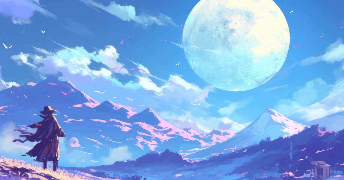 Serene night landscape with mountains under full moon, digital painting, vibrant colors, and mystical atmosphere, ideal for illustrating themes of nature, tranquility, or fantasy.