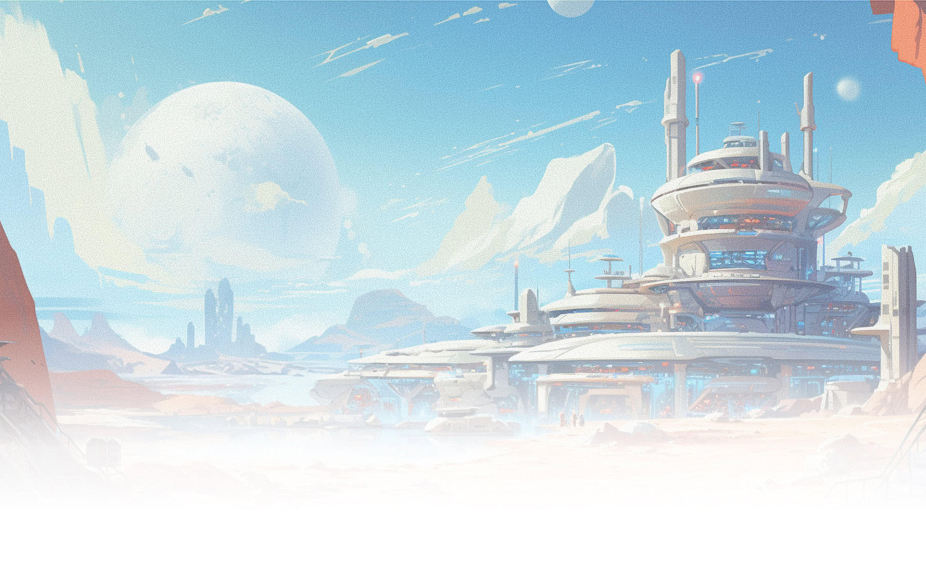 Estación espacial futurista con tecnología avanzada y arquitectura innovadora en un planeta alienígena, que representa soluciones SaaS modernas y software de espacio de trabajo digital como ThriveDesk.