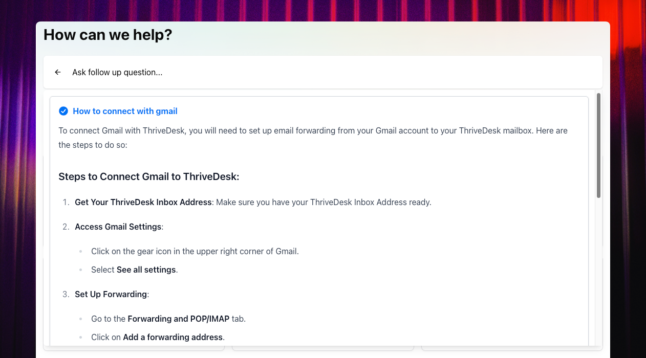 Connect Gmail with ThriveDesk, email forwarding setup, ThriveDesk support, integration with Gmail for customer engagement.