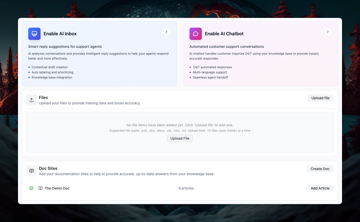 AI support dashboard interface for ThriveDesk's customer support tools and knowledge base management.