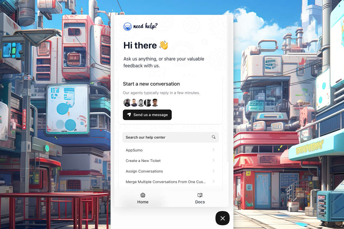 AI-powered customer support chat interface on a futuristic cityscape background for ThriveDesk.