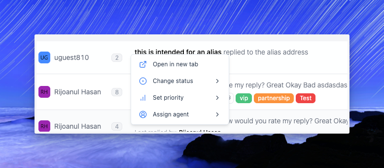 Chat interface screenshot showcasing ThriveDesk customer support platform with reply options and priority settings, emphasizing seamless communication tools for businesses.