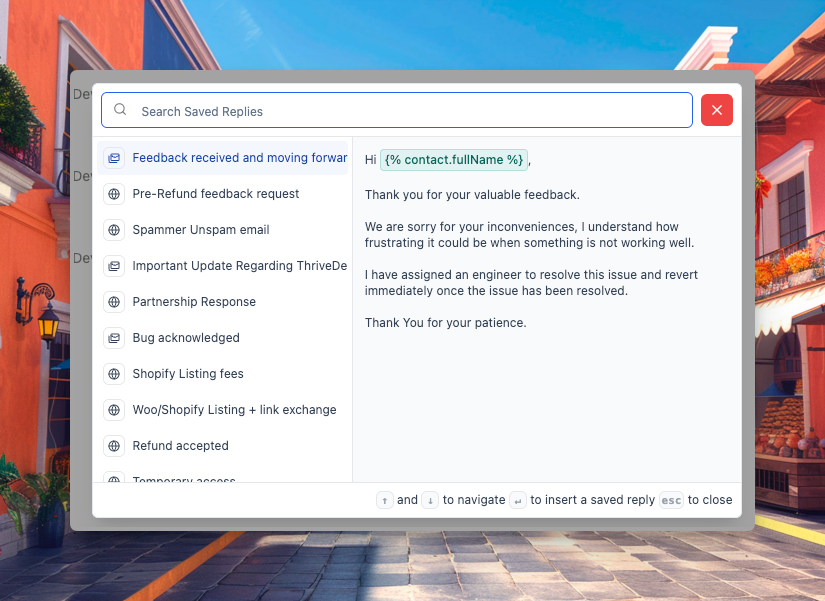 Saved replies management interface showcasing ThriveDesk customer support automation platform.
