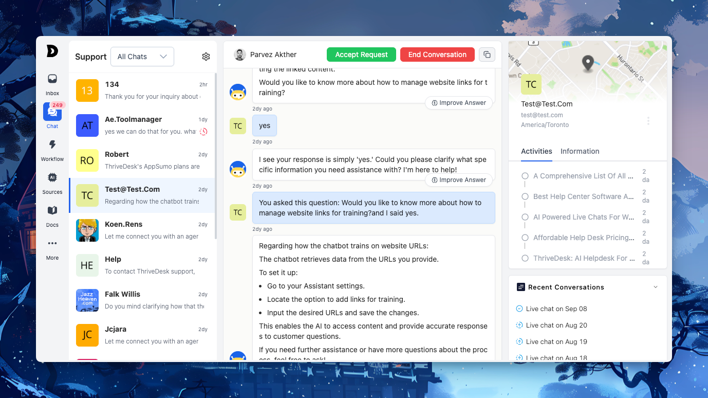 Chat support dashboard screenshot for ThriveDesk customer service platform with chatbot training and website management features.