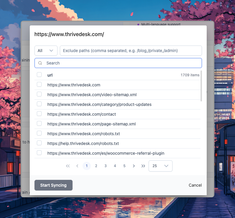 Thrive desk platform screenshot showing site URL list for SEO website management and synchronization tools.