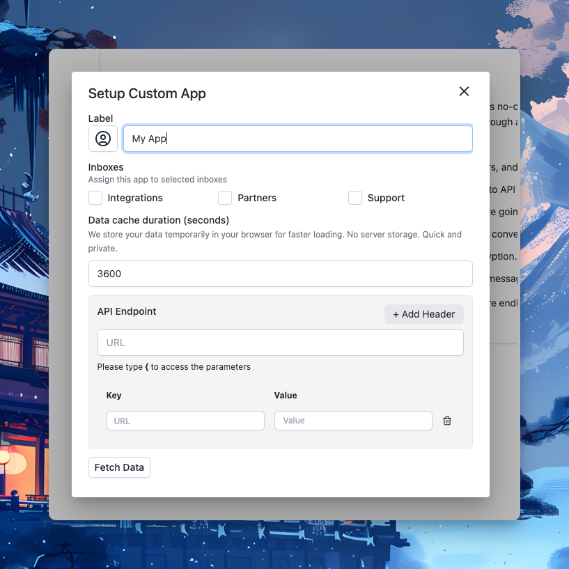 My app setup interface screenshot focusing on API integration and custom app configuration for ThriveDesk platform.