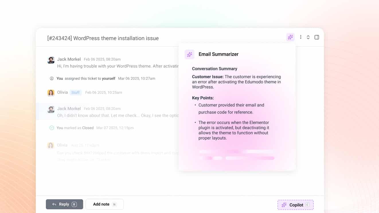 The No-BS Guide to AI in Customer Support 4 Email summarizer illustration of ThriveDesk customer support and help desk software for efficient customer issue management and communication.