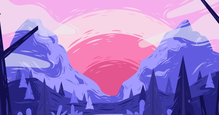 Sunset over stylized mountain landscape with pine trees, vibrant pink and blue colors, illustrating nature, adventure, and outdoor activities.